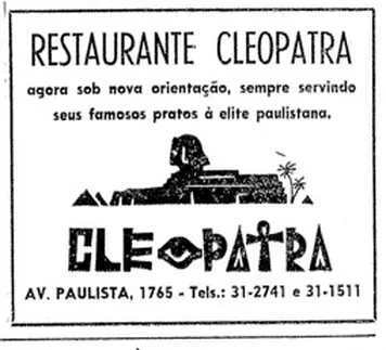  
Anúncio do restaurante Cleópatra que foi publicado no Jornal Folha da Manhã, (atual Folha de São Paulo), em 19 de junho de 1959